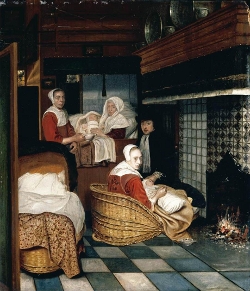 Interior with a Family and Two Nurses before a Fire, Cornelis de Man