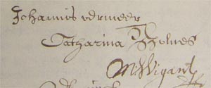 Archival record of declaration concerning Johan van Santen with the signatures of Vermeer and his wife Catharina Bolnes with their signatures, (detail)
