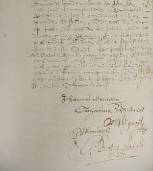 Archival record of declaration concerning Johan van Santen with the signatures of Vermeer and his wife Catharina Bolnes 