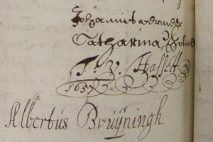 Archival record of Vermeer and his Wife Catharina contract a loan of 200 guilders from Pieter van Ruijven (detail)