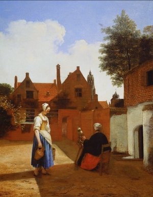 Pieter de Hooch, Courtyard in Delft at Evening: a Woman Spinning
