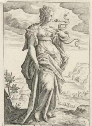 The virtue &#39;Prudentia&#39;. Engraving [in mirrored position] 