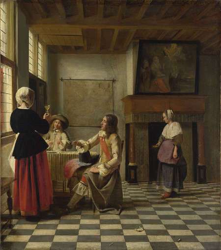 Pieter de Hooch, Am Interior with a Woman Drinking with Two Men