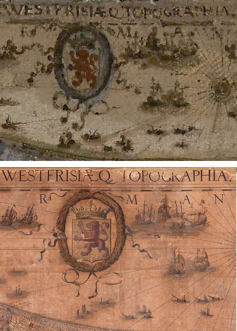 details of map in Vermeer's Officer and Laughing Girl and Willem Jansz. Blaeu's map of Holland and West Friesland