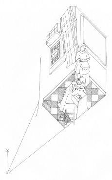 Axonometric view of Lady Writing a Letter with her Maid by Johannes Vermeer (drawing by Philip Steadman)