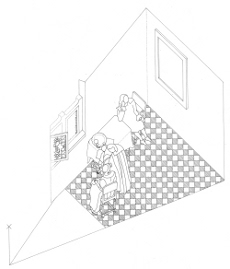 Axonometric view of The Girl with a Wine Glass by Johannes Vermeer (drawing by Philip Steadman)