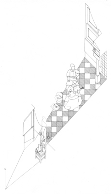 Axonometric view of The Love Letter by Johannes Vermeer (drawing by Philip Steadman)
