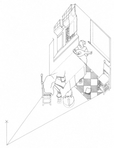 Axonometric view of Woman with a Lute by Johannes Vermeer (drawing by Philip Steadman)