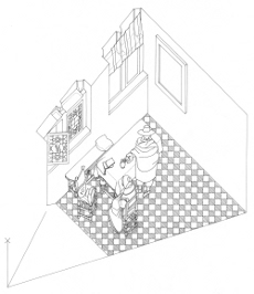 Axonometric view of The Glass of Wine by Johannes Vermeer (drawing by Philip Steadman)