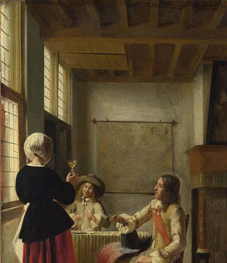 An Interior, with a Woman drinking with Two Men, and a Maidservant, Pieter de Hooch