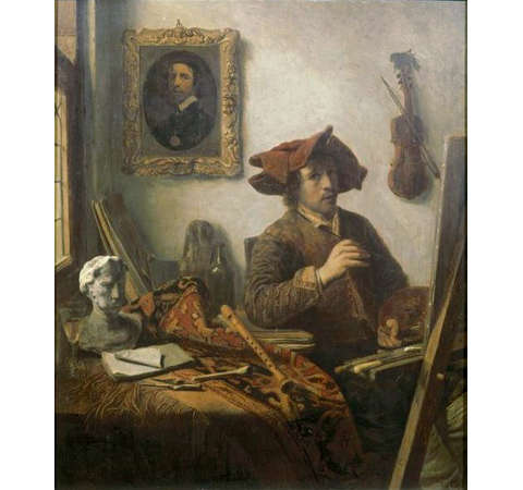 A Painter in his Studio under a Self Portrait on the Wall, Job Adrianesz. Berckheyde, c. 1675, Oil on panel, 36 x 30,7 cm., Private collection (Italy)