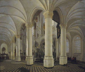 Choir of the Nieuwe Kerk in Delft with the tomb of William the Silent, Gerard Houckgeest, c. 1651, Oil on panel, 66.5 x 77.5 cm., Mauritshuis, The Hague
