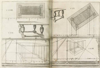 Drawing table with a drawing from: Perspective contenant la. theorie pratique et instruction fondamentale d 'icelle, Samuel Marolois, 1628