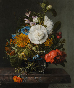 Sill Life of Flowers in a Glass Vase on a Marble Ledge , Rachel Ruysch