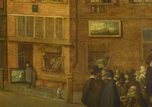 A detail of a Dutch painting showing paintings on sale on the street