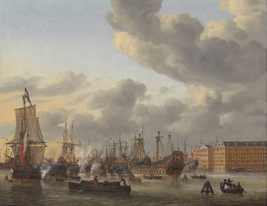 View of the IJ and the National Maritime Storehouse in Amsterdam, Reinier Nooms