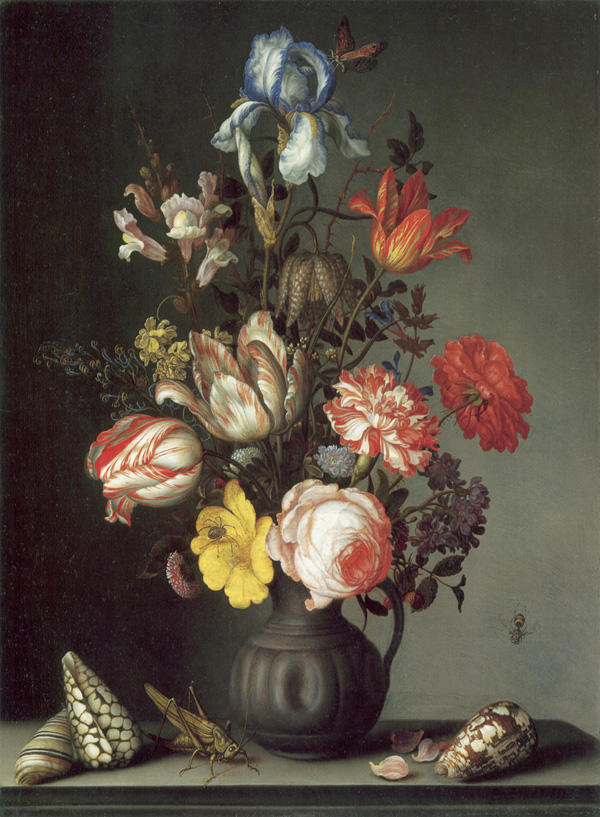 Flowers in a Vase with Shells and Insects, Balthasar van der Ast