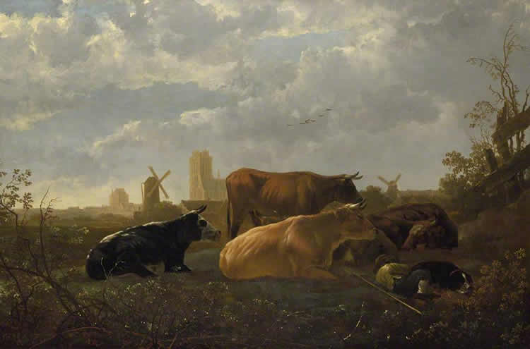 A Distant View of Dordrecht, with a Sleeping Herdsman and Five Cows,  Aelbert Cuyp