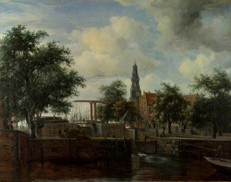 The Haarlemersluis and the Haringpakkerstoren in Amsterdam,  Meindert Hobbema