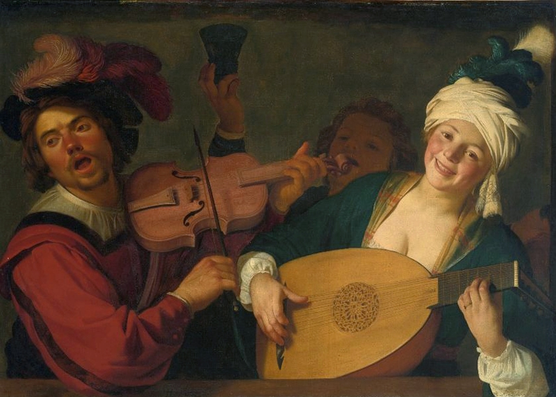 Gerrit van Honthorst, A Merry Group Behind a Balustrade with a Violin and a Lute Player