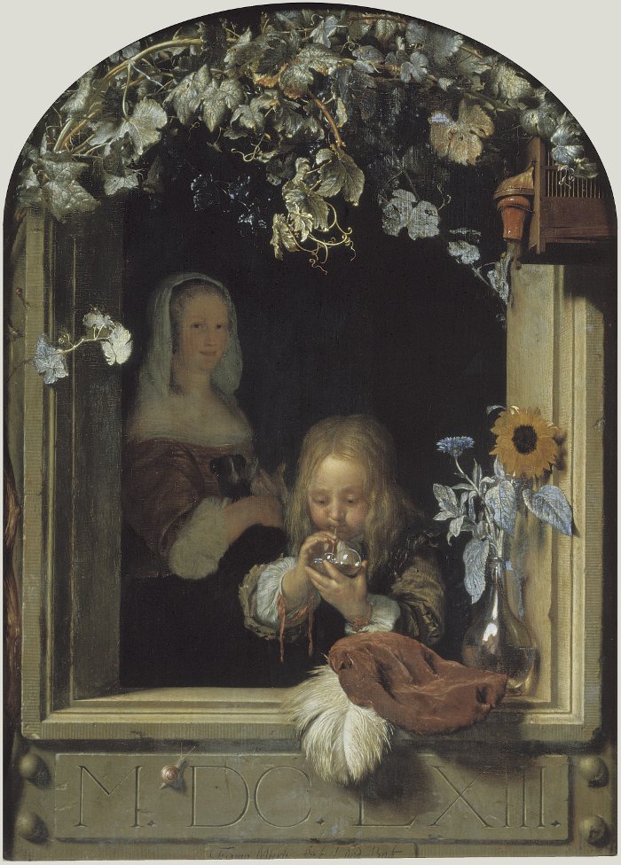 A Boy Blowing Bubbles, Fans van Mieris