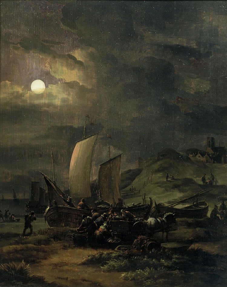 Egbert van der Poel, Beach with Fishing Boats at Night