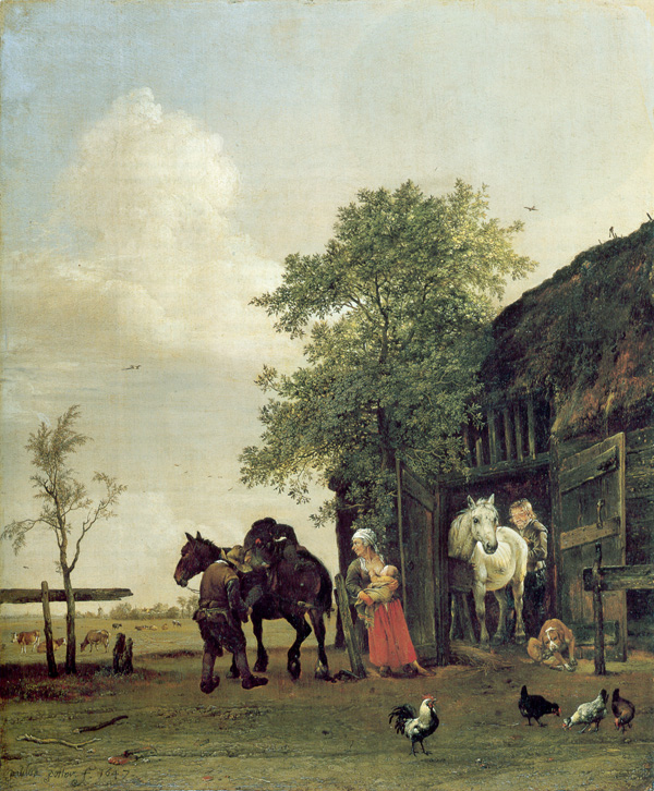 Paulus Potter, Figures with Horses by a Stable