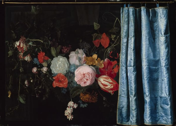 A Trompe l'œil with a Garland of Flowers and a Curtain, Frans van Mieiris