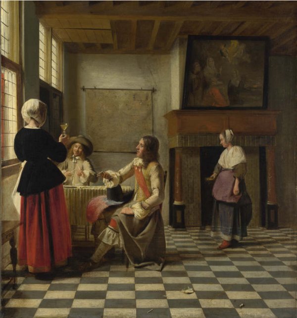 Pieter de Hooch, A Woman Drinking with Two Men, and a Serving Woman