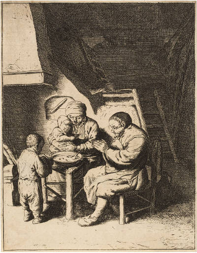 Family at Table for Meal: The Prayer, Adriaen van Ostade